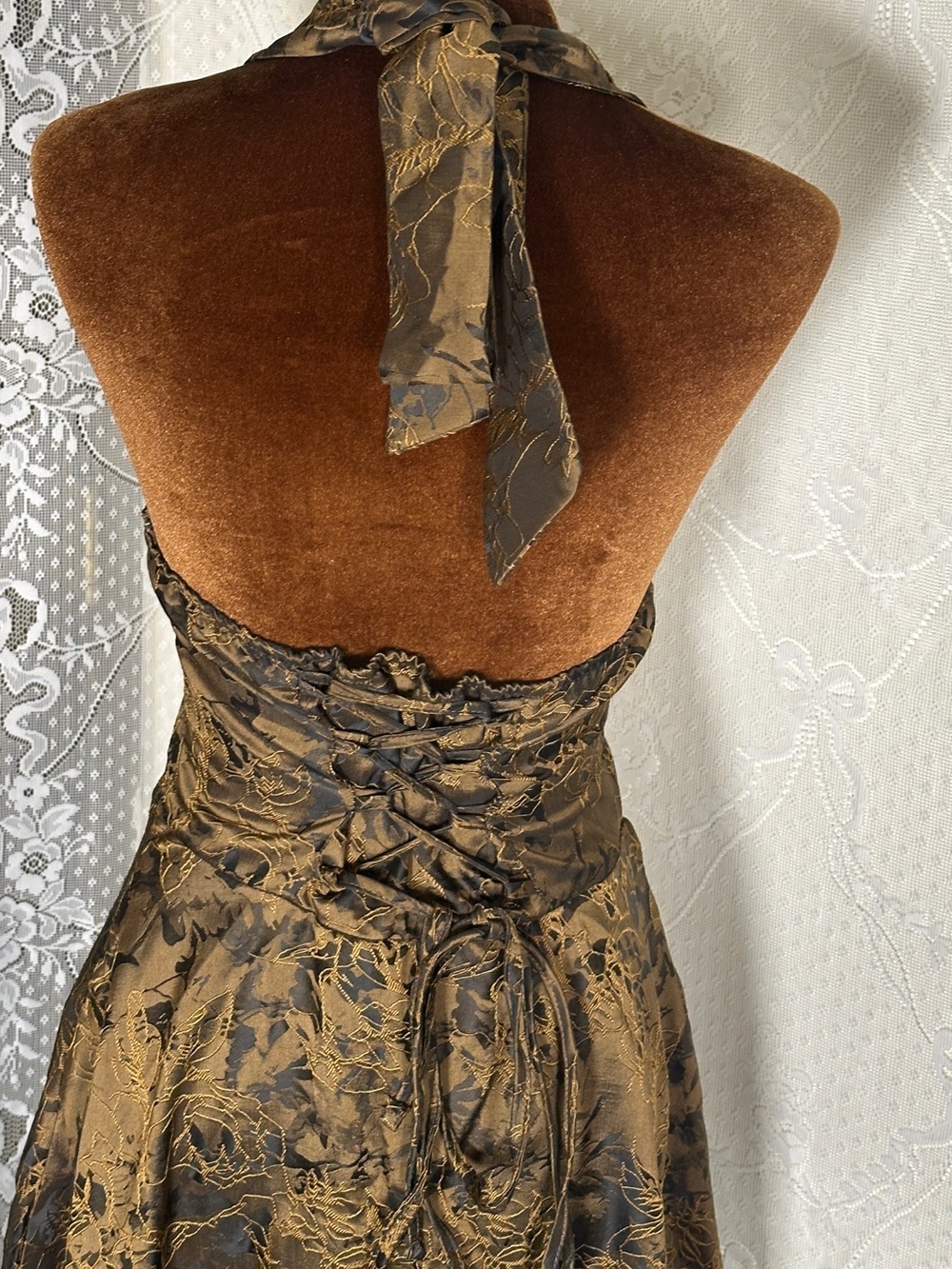 Elegant Brown Floral Halter Dress - Picture 6 of 7